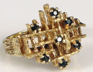 Vintage 14k Yellow Gold Modernist Geometric Blue Sapphire Ring Size 7 & 7.  25g