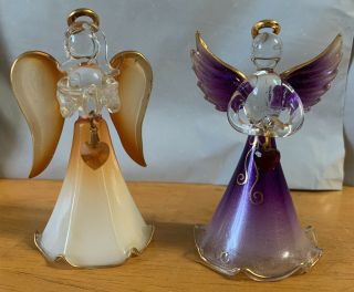 2 Glass Angel Holding A Heart Purple Orange Heaven God Jesus