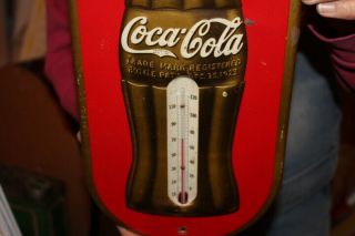 Vintage 1939 Coca Cola Soda Pop Christmas Bottle Embossed Metal Thermometer Sign 2