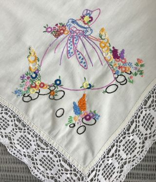 Vintage Hand Made Embroidered Tablecloth Crinoline Ladies