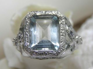 Antique 14k Wg Aquamarine Sapphire Diamond Filigree Deco Engagement Ring
