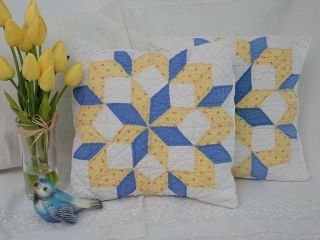Blue Yellow Star Vintage Cottage Farmhouse Quilt Pillow 10x11 " 3