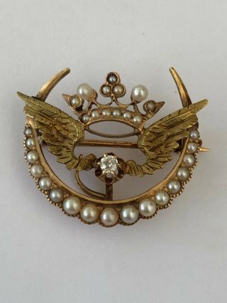Antique 14k Gold Diamond Seed Pearls Wings Crescent Moon Pin Brooch Watch Holder