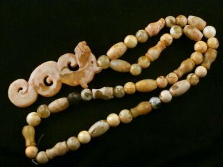 25 Inches Chinese Old Jade Beads Necklace W/jade Dragon Pendant R119