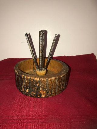 Vintage 5.  75” Round Nut Bowl With Bark 5 Pc Tool Set Cracked