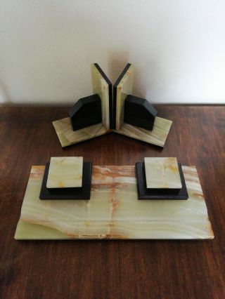 Art Deco Onyx And Marble Inkwell Stand And Bookends