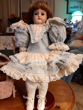 Antique 15 - Inch Am 370 Doll In An Adorable Blue & Pink Dress