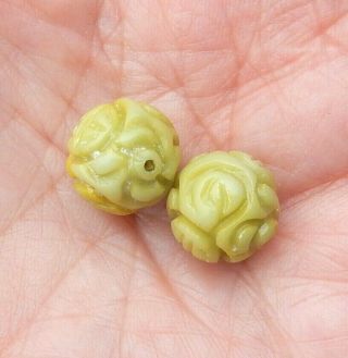Vintage Chinese Hand Carved Yellow Green Hard Stone Shou Beads 11.  5mm