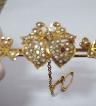 Vintage Edwardian Art Nouveau 9ct Gold Emerald Ruby Pearl Sweetheart Brooch Pin