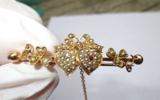 Vintage Edwardian Art Nouveau 9ct Gold Emerald Ruby Pearl Sweetheart Brooch Pin 2