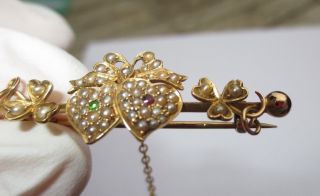 Vintage Edwardian Art Nouveau 9ct Gold Emerald Ruby Pearl Sweetheart Brooch Pin 3