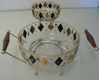 Vtg Mid Century Modern 1950’s - 1960’s Zodiac Diamond Glass Chip & Dip Bowl Set