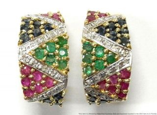 Natural Ruby Sapphire Emerald Diamond 14k Gold Earrings Vintage Omega Backs 12g
