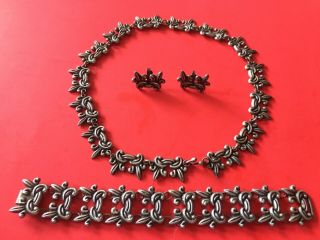 Rare Vintage Taxco Sterling Silver Necklace Bracelet Earrings Set