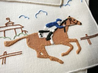 Horse Racing Vintage Madeira Hand Embroidered 7 Linen Cocktail Napkins Awesome