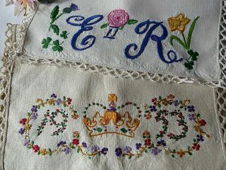 Vintage Hand Embroidered Linen Tray Cloths X 2 /beautiful 1953 Coronation