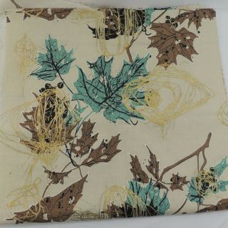Vintage Bark Cloth Fabric Teal Brown Gold Leaves 46 " Wide X 5 Yards