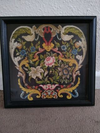 A Pretty Vintage Hand Embroidered Needlepoint Tapestry Floral Framed Picture