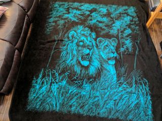 Vintage San Marcos 91 " X 79 " Lion Lioness Green Acrylic Blend Blanket Silk Tag