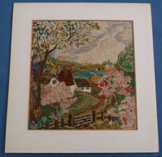 Vintage Hand Embroidered Detailed English Cottage Garden Panel Picture Mounted