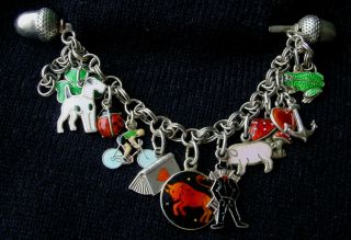 Rare Vintage Antique Silver Brooch / Needle As A Bracelet W Enamel Lucky Charms
