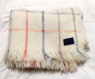 Vintage Pendleton 100 Virgin Wool Blanket 49x63 Cream With Pastel Stripe Colors