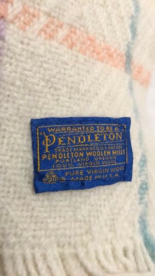 Vintage Pendleton 100 Virgin Wool Blanket 49x63 Cream With Pastel Stripe Colors 2