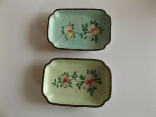 Small Vintage Chinese Enamel Trays With Flower Decoration