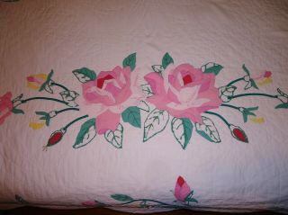 Vintage Cotton Hand Stitched Quilt Applique Roses Shabby Chic Floral 75X87 2
