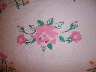 Vintage Cotton Hand Stitched Quilt Applique Roses Shabby Chic Floral 75X87 3