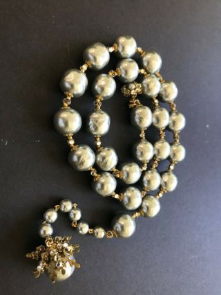 Sign Miriam Haskell Large Silver Baroque Pearls Rhinestone Necklaces Jewelry 38”