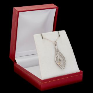 Antique Vintage Art Deco 14k White Gold Diamond Camphor Glass Lavaliere Necklace