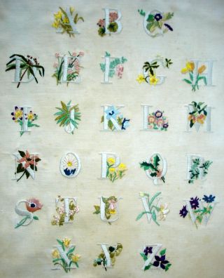 Vintage Hand Embroidered Unframed Linen Picture Alphabet Sampler Seasons Flowers