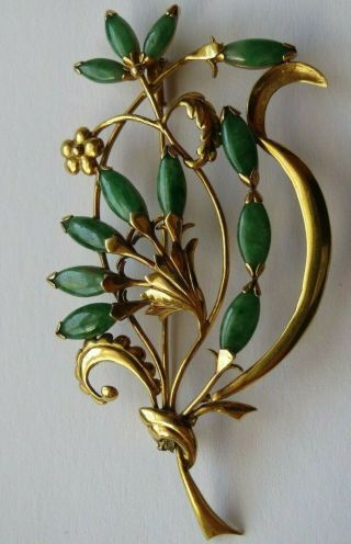 Antique Vintage Chinese Jadeite Jade 14k Gold Pin Brooch