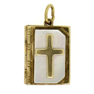 Vintage 14k Yellow Gold & Mother Of Pearl Bible & Cross Pendant W/ Lord 