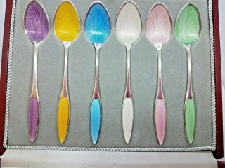 Vintage Frigast Denmark Sterling Guilloche enamel set of 6 demitasse spoons 58G 2