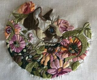 Vintage Linen Hand Embroidered Picture Panel Siamese Cat/florals