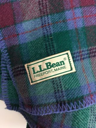 Vtg Ll Bean Classic Wool Blanket Green Purple Plaid 102x112 Made In Usa King
