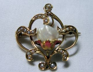 Antique Art Nouveau 14k Gold Seed Fresh Water Pearl Enamel Pin/pendant 4 Grams