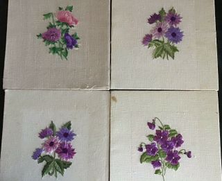 4 Vintage Linen Hand Embroidered Picture Panels Lovely Florals