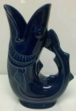 Vintage Cobalt Blue Gurgling Cod Fish Pitcher Shreve Crump and Low England 10.  5 