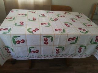 Vintage Mid - Century Cotton/linen Tablecloth Cherries 59 " X 59 "