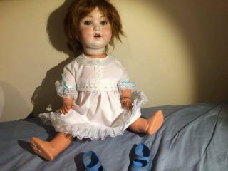 Antique German Bisque Porcelain Doll Pm914 9 With Mohair Wig And Dress