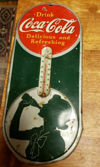 Vintage 1939 Coca Cola Tin Litho Silhouette Girl Advertising Thermometer 16 "