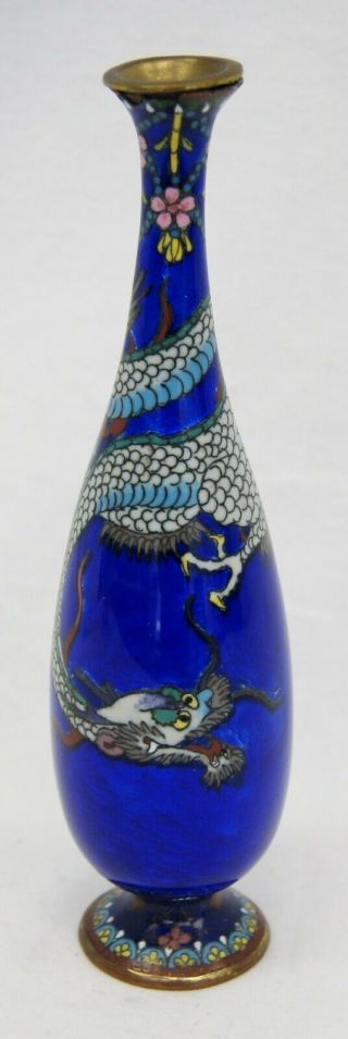 Chinese Cloisonne Bud Vase Hand Painted Blue Dragon Brass Ceramic China B0329