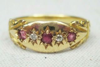 Antique Victorian 18ct Gold Ruby & Diamond Gypsy Ring Size O Circa 1890