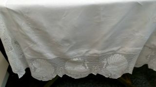 Vintage Irish Linen Tablecloth Hand Embroidered Shamrocks Peacock Crochet Border