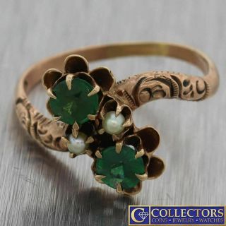 1880 Antique Victorian Estate 14k Rose Gold Emerald Seedpearl Toi Et Moi Ring S8