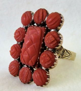 Antique Victorian Georgian Very Large Carved Salmon Coral Cluster 10k Gold Ring