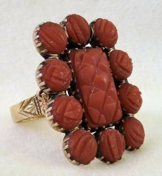 ANTIQUE VICTORIAN GEORGIAN VERY LARGE CARVED SALMON CORAL CLUSTER 10K GOLD RING 3